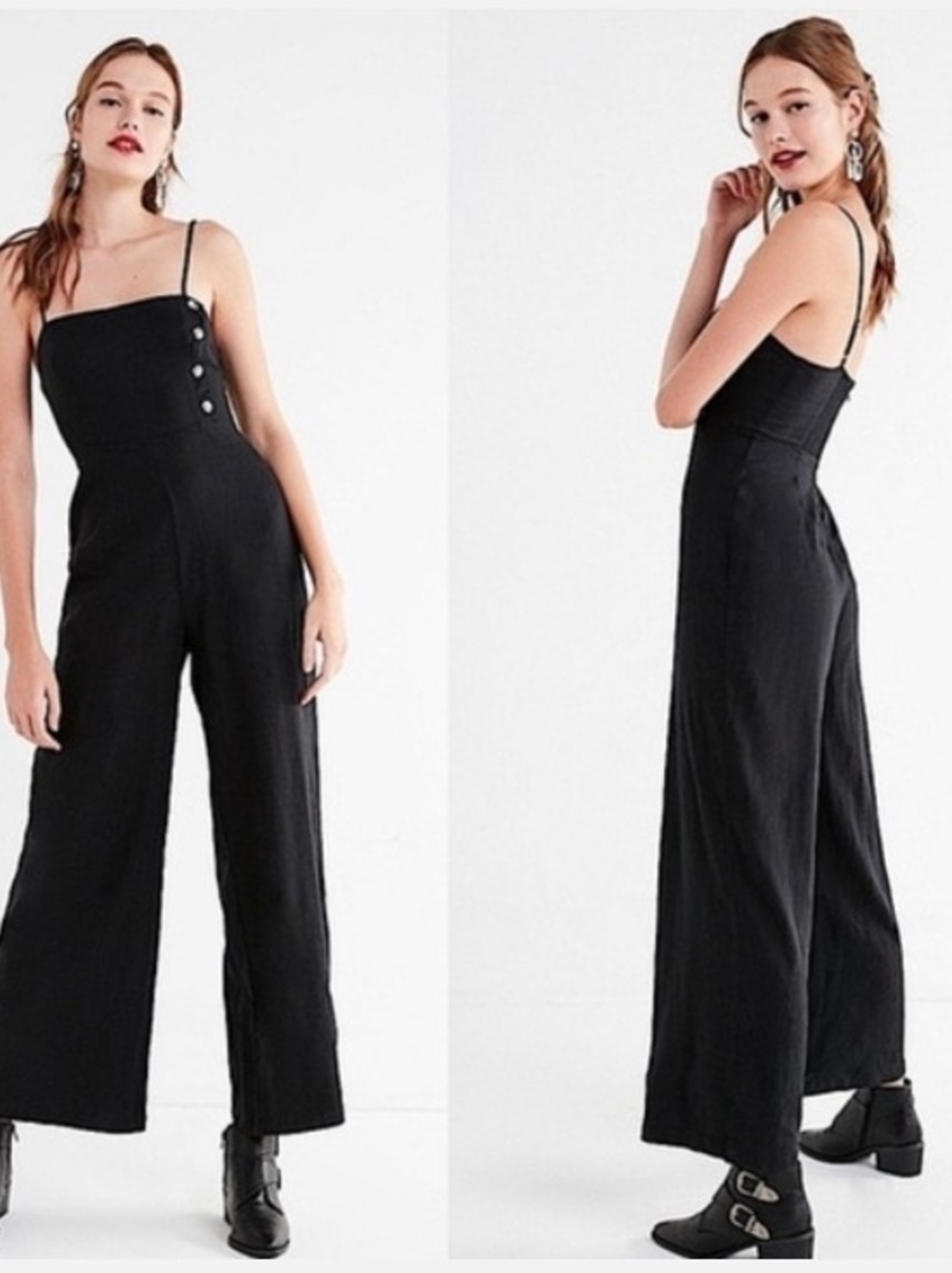 Urban Outfitters Black Spaghetti-Strap Wide-Leg Jumpsuit w/ Side Buttons Sz 4